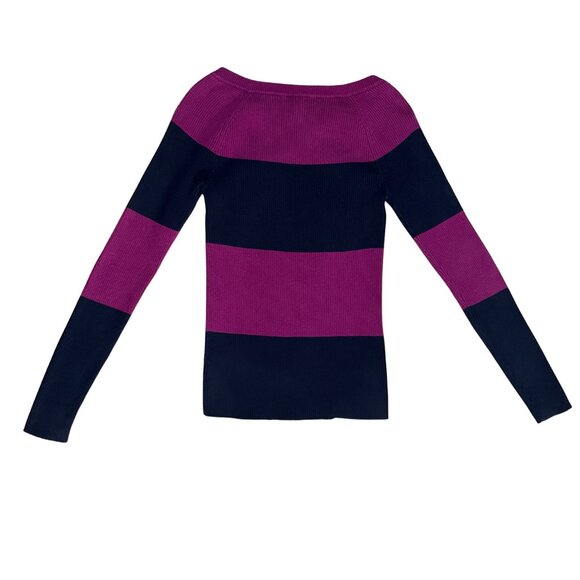 Ralph Lauren Women’s Striped Knit Sweater Magenta Navy Button Shoulder Sz Small - Picture 11 of 11